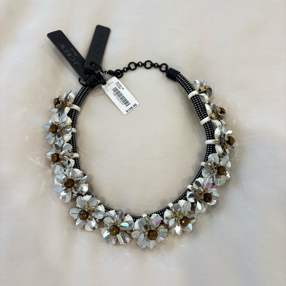 NWT J. Crew Silver Sequin Crystal Flower Statement Necklace - Silver/Gold